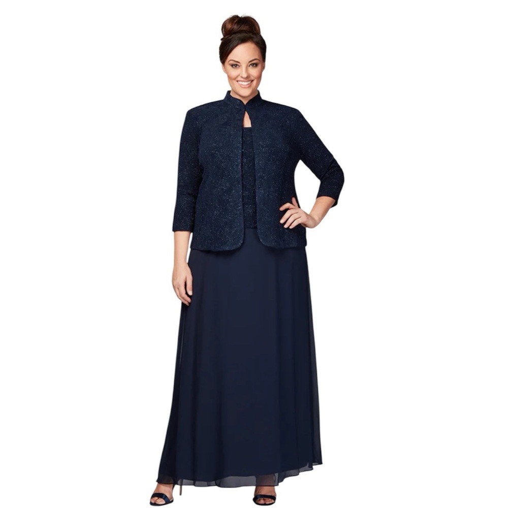 NEW Alex Evenings Two Piece Glitter Jacquard Gown with Jacket Navy Size 14